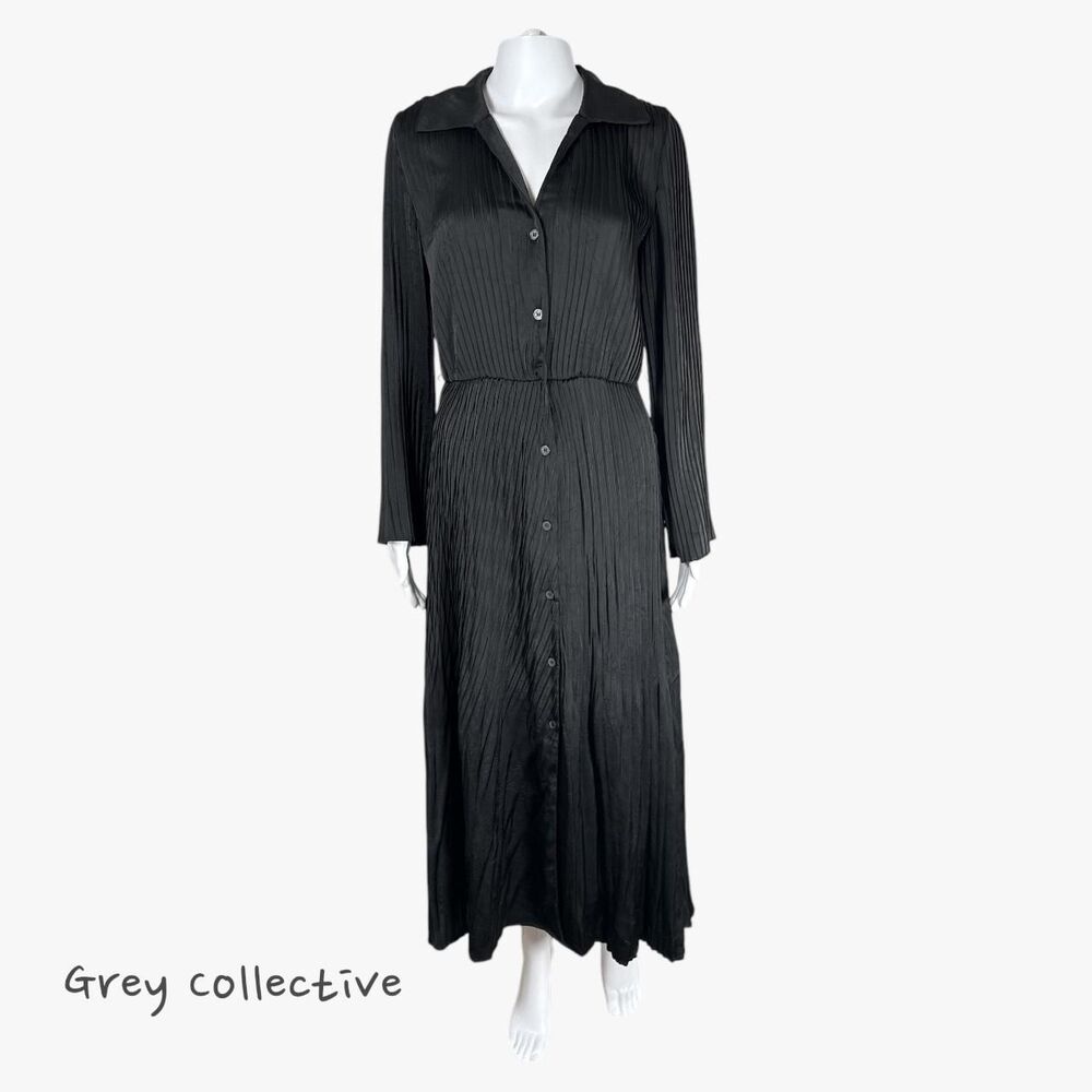 Grey Collective Women's Pleated Maxi Shirtdress in Black Retro Minimalist Gothic
